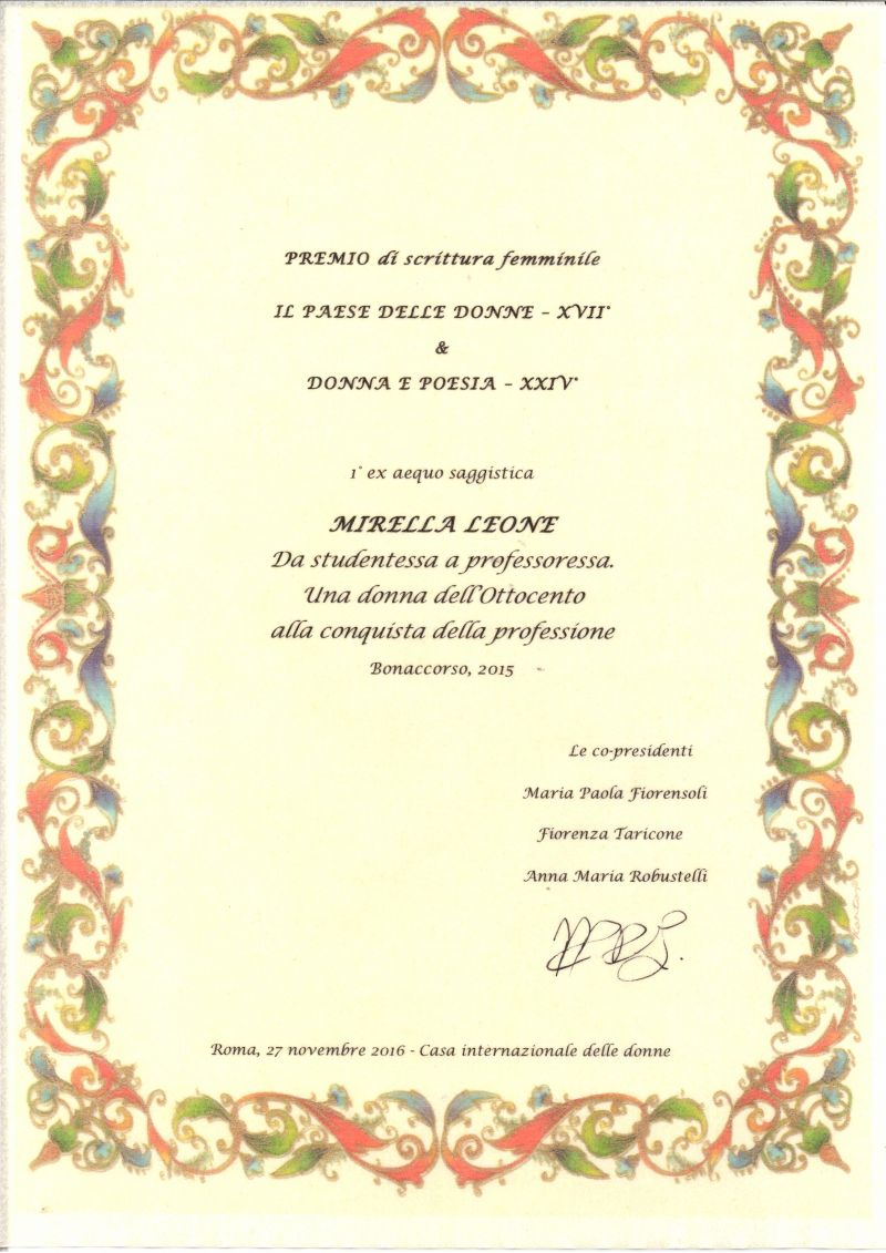 Primo premio saggistisca.  Premio di scrittura femminile IL PAESE DELLE DONNE - Roma 27 novembre 2016
